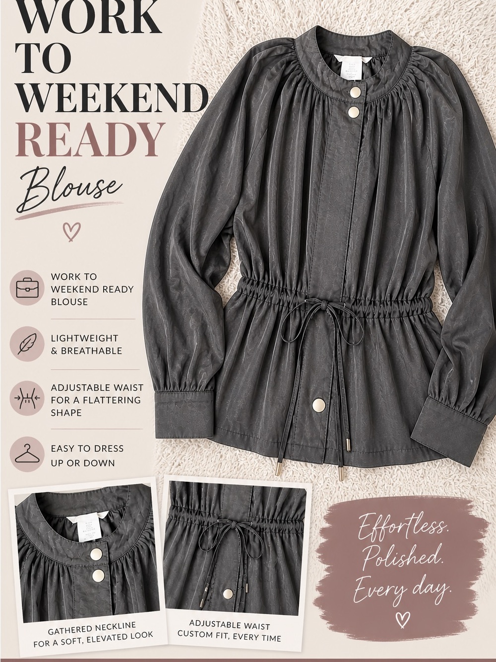 H&M Charcoal Gathered-Neck Drawstring Blouse